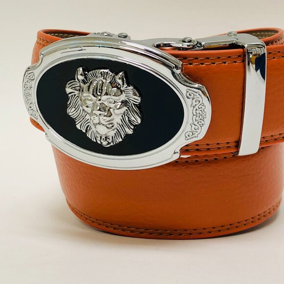Automatic Silver Lion Designer Buckle Men's Orange Ratchet Genuine Leather Belt‎ - Picture 2 of 3